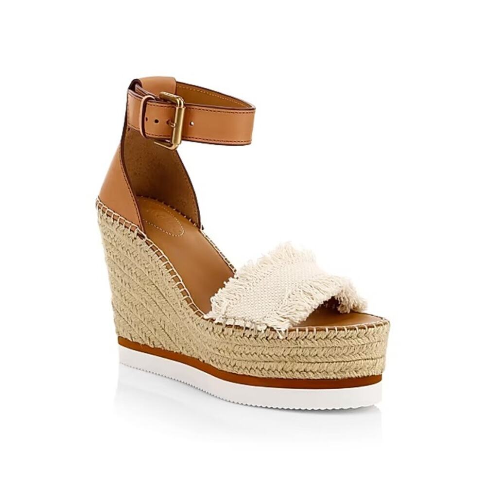 See by Chloé Glyn Leather & Canvas Platform Espadrille Wedge Sandals Sz. 9
